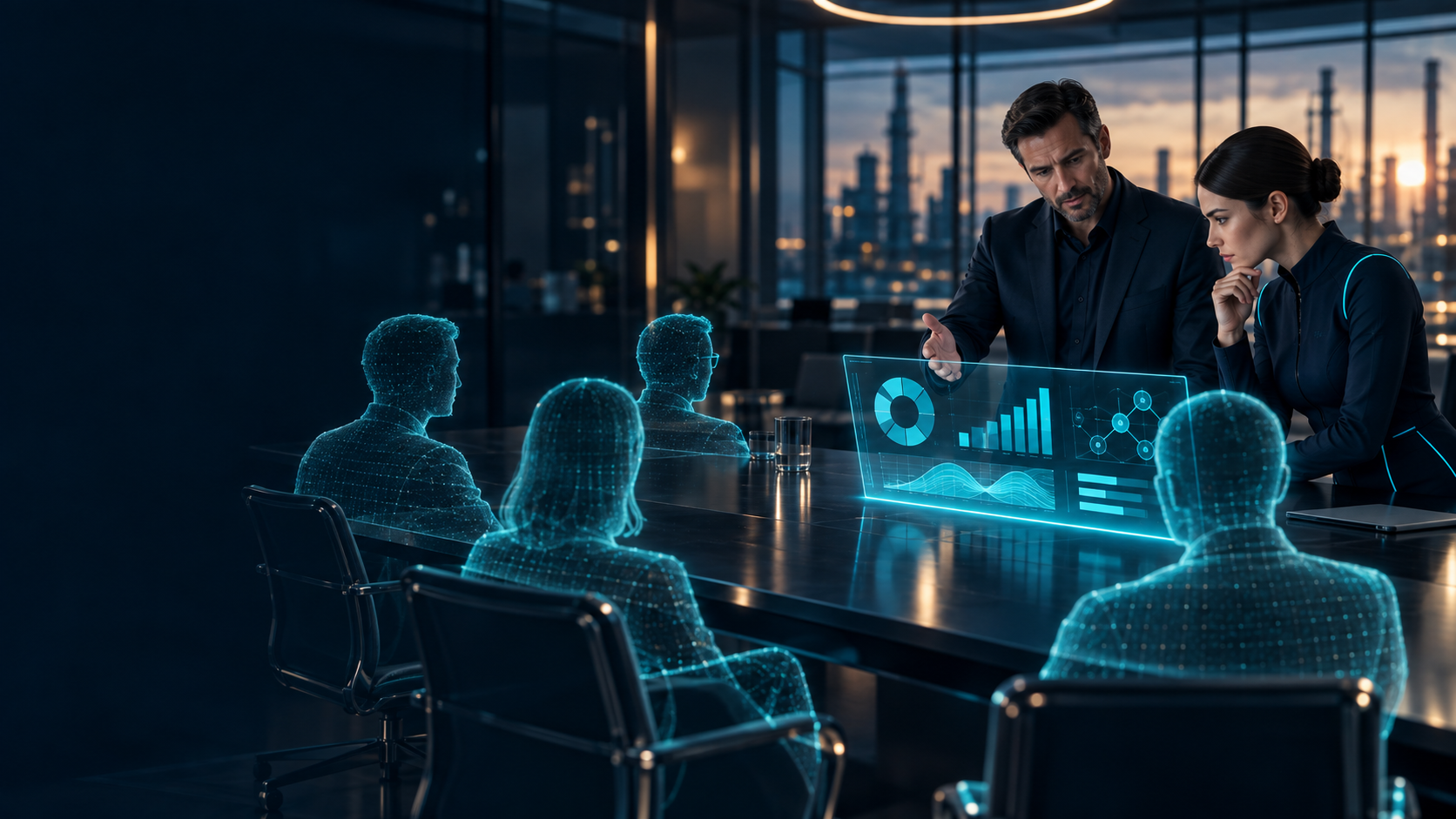 NEXA and a project leader reviewing a report opposite holographic committee representatives in a boardroom